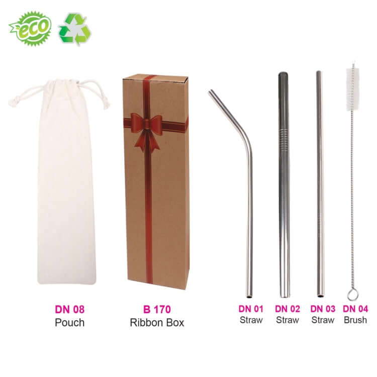 Eco Stainless Steel Straw Set with Canvas Pouch ( 4 in 1 ) Corporate Gifts Singapore