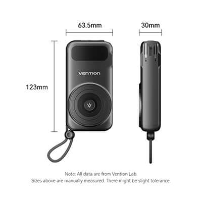 Vention 10000mAh Power Bank with Plug dimensions showing 63.5mm width, 30mm depth, and 123mm height.