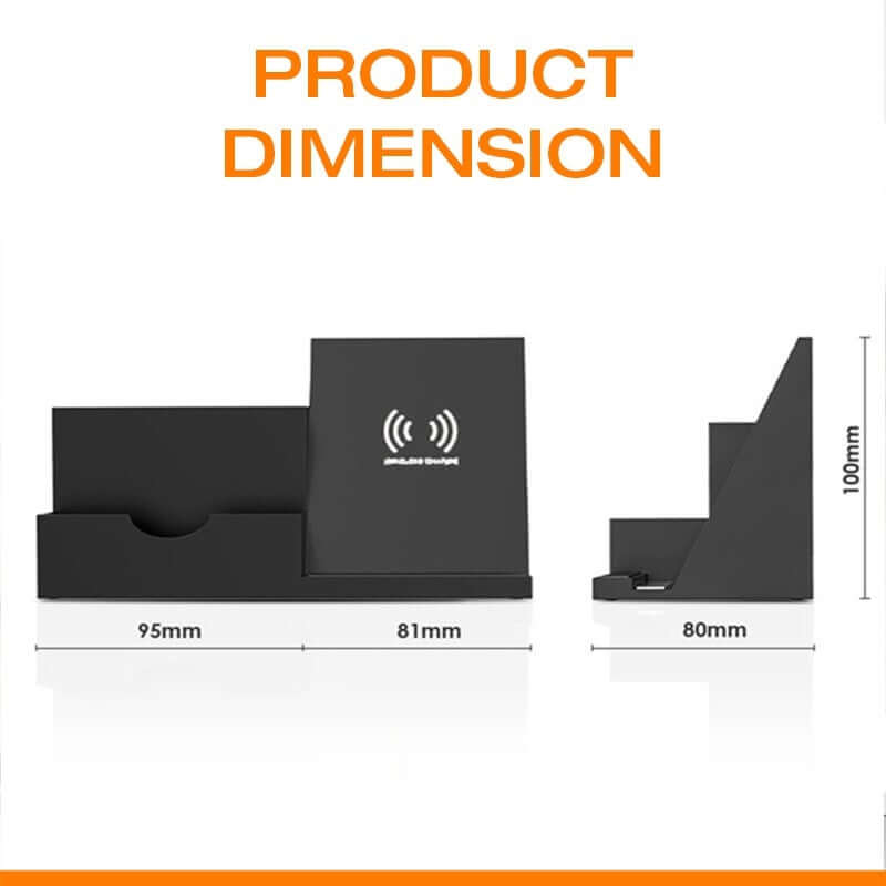 Charger pen-holder dimension diagram with 95mm storage section, 81mm phone section, 80mm depth and 100mm height