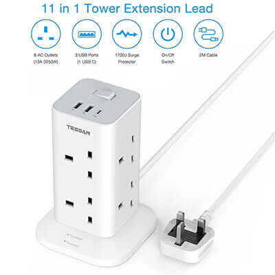 TESSAN Extension Cord Tower 8 Ways with 2 USB-A & 1 USB-C Ports Corporate Gifts Singapore