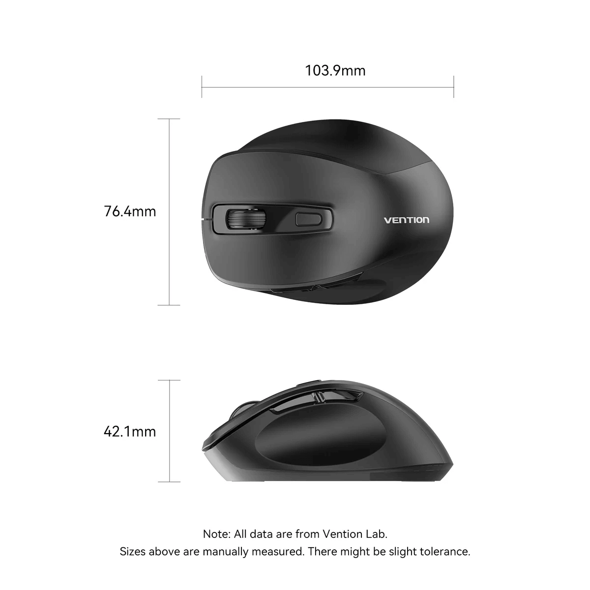 Vention Dual-Mode Wireless Ergonomic Mouse dimensions showing sleek design for comfort and efficiency, perfect as a Corporate Gift.