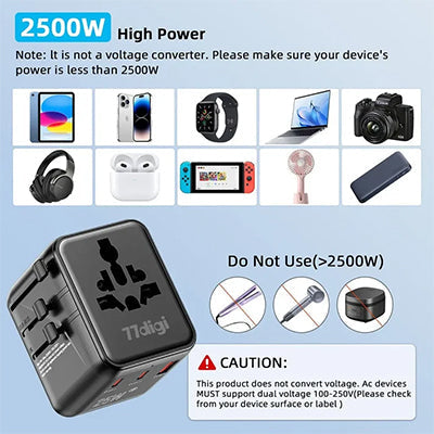 WWA25 appliance-use graphic showing 2500W AC label, device illustrations and warning that the adapter is not a voltage converter