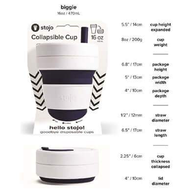 Stojo Biggie cup dimension guide showing expanded retail presentation and collapsed cup