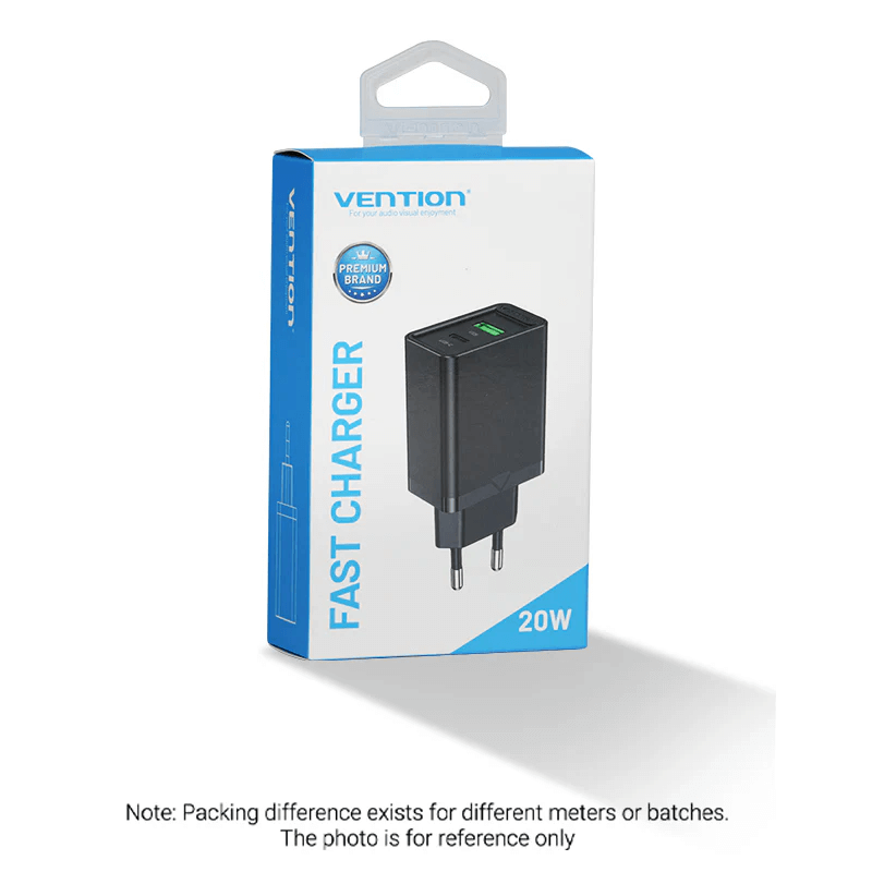 Vention 2-Port USB (A+C) Wall Charger (18W/20W) in packaging showcasing fast charging capabilities.