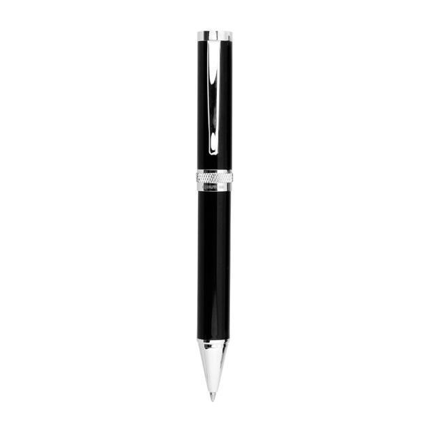 Upright view of CERRUTI 1881 Focus ballpoint pen with black lacquered body and chrome trim
