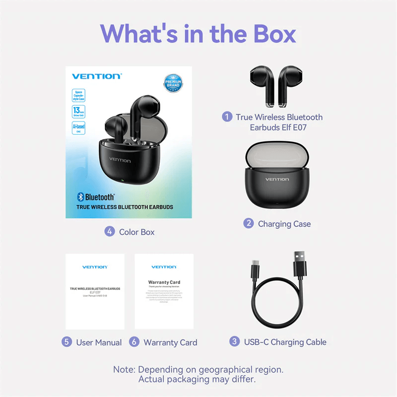 Vention True Wireless Bluetooth Earbuds Elf E07 product packaging and contents overview.