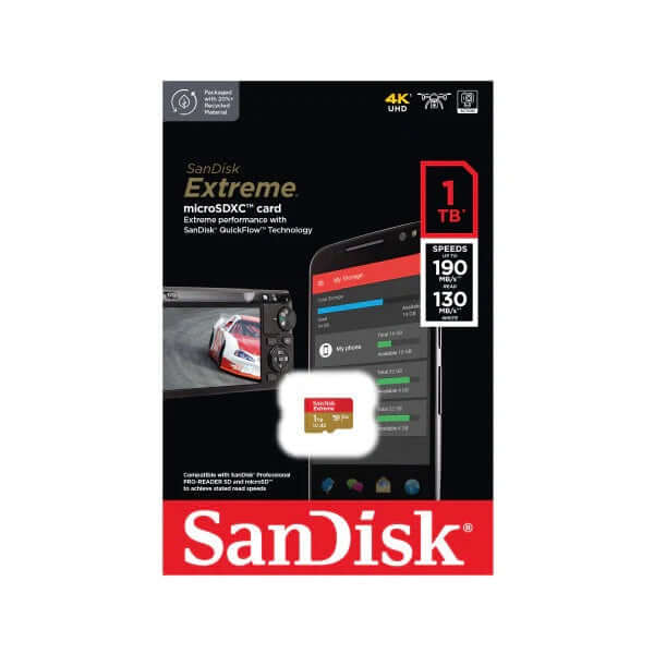 SanDisk Extreme microSDXC QuickFlow UHS-I 1TB card packaging with speed specifications and 4K UHD support.