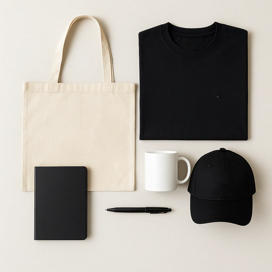 Cream tote bag with a black T-shirt, notebook, cap and pen beside a white mug