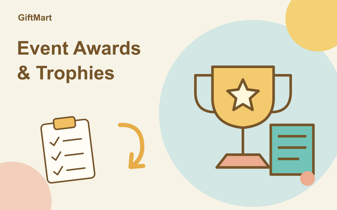 Illustration of a trophy cup and presentation plaque beside an awards-planning checklist.