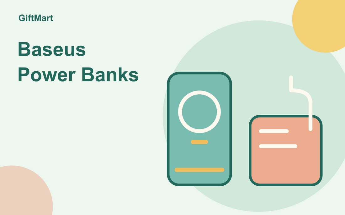Illustration of a teal magnetic power bank with a circular mark beside a coral wired power bank with a pale cable.