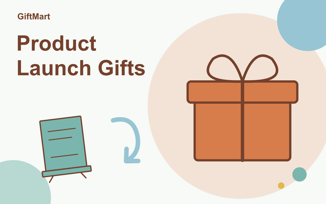 Product Launch Gifts illustration: ribboned gift box and event banner.