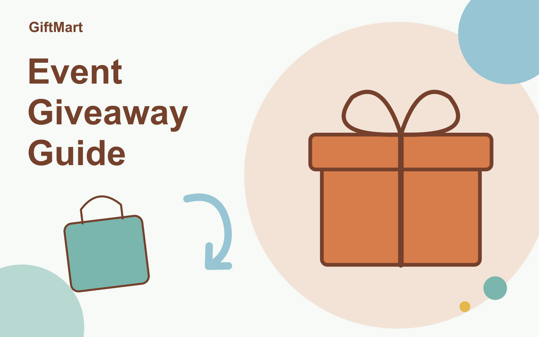 Event Giveaway Guide illustration: ribboned gift box and carry bag.