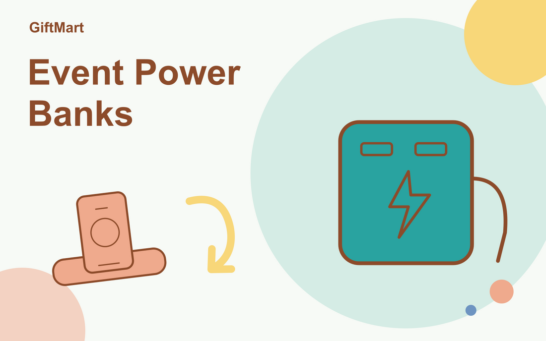 Event power-bank guide illustration with a portable battery pack and charging accessories.