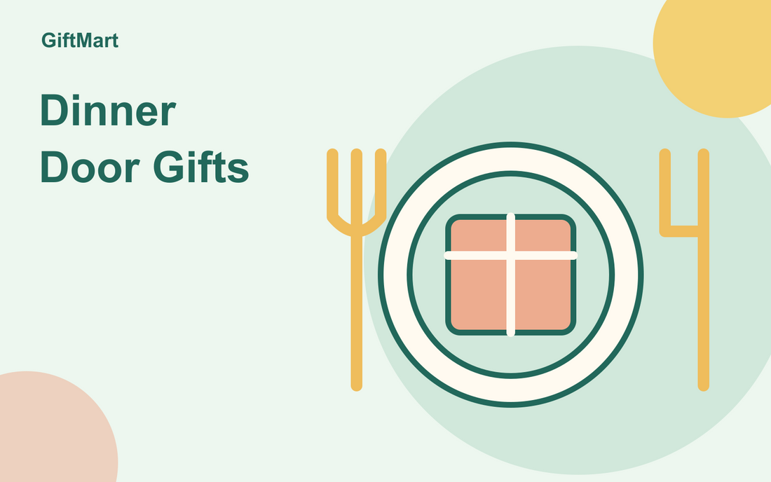 Illustration of a coral gift box on a pale dinner plate with yellow cutlery, representing corporate dinner door gifts.