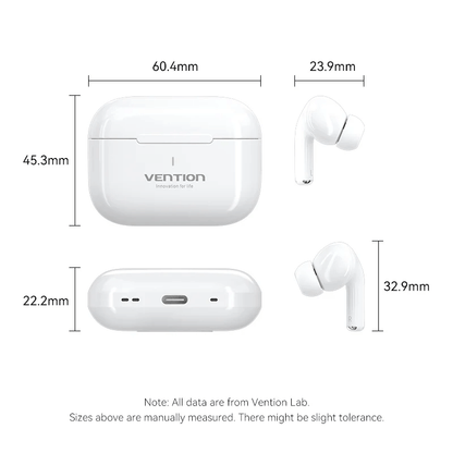 Vention True Wireless Bluetooth Earbuds Echo Lite E11 size specifications with dimensions and charging case.