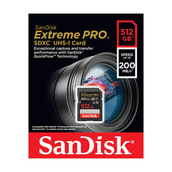 SanDisk Extreme PRO SDXC QuickFlow UHS-I 512GB memory card packaging showing speed up to 200MB/s.