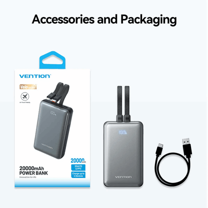 Vention 20000mAh Power Bank with Built-in Cables 35W packaging and accessories displayed.