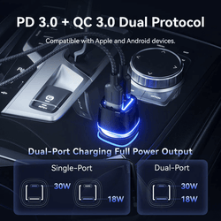 Vention Car Charger with 2 Ports 30W featuring PD 3.0 and QC 3.0 dual protocol for fast charging.