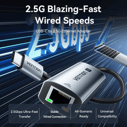 Vention USB-C to 2.5G Ethernet Adapter with fast wired speeds for seamless connectivity and durability.