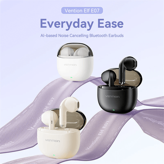 Vention True Wireless Bluetooth Earbuds Elf E07 in black and white with charging case for seamless audio experience.