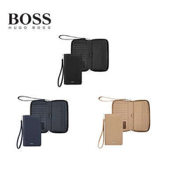 Hugo Boss Travel Wallet Classic Grained in black, navy, and camel - a stylish corporate gift option.