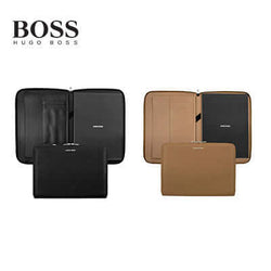 Hugo Boss Conference Folder Zip A4 Pure Iconic in black and tan, perfect for corporate gift giving.