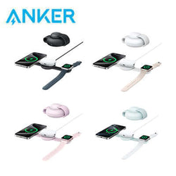 Anker MagGo 3-in-1 Foldable 15W Qi2 Wireless Charger B25M8 in black, white, pink, and green colors with devices.
