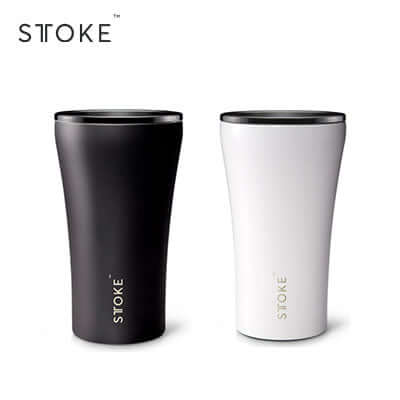 Black and white STTOKE Classic 12oz cups shown with tapered bodies and dark lids