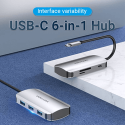 Vention 6-in-1 USB-C Hub shown on a surface, highlighting its multiple connectivity options and sleek design.