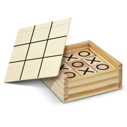 Tic Tac Toe Game in a pine wooden box with a sliding lid and game grid printed inside, perfect as a corporate gift.