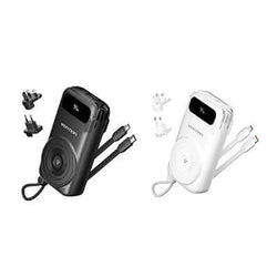Vention 10000mAh Power Bank with Plug in black and white, featuring USB-C and Lightning cables.
