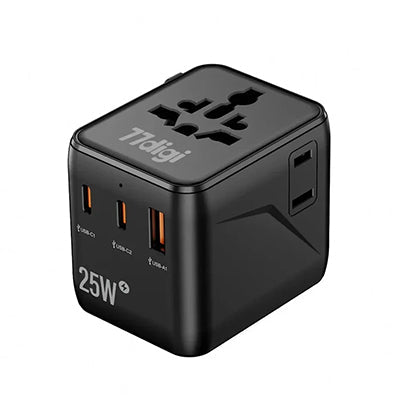 Black 77digi WWA25 travel adapter with universal socket, two Type-C ports, one USB-A port and 25W marking
