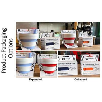 Stojo Biggie packaging examples with expanded cups and collapsed cups in individual retail boxes