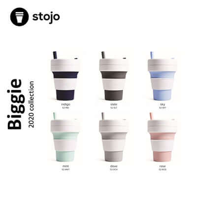 Stojo Biggie cup colour-reference chart showing six expanded cups with white sleeves and matching straws