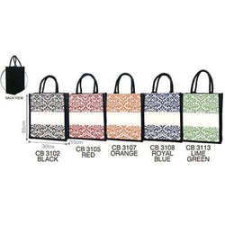 5 colorful 10oz Laminated Canvas Bags in black, red, orange, royal blue, and lime green - perfect for corporate gifts.