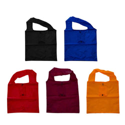 Collection of Nylon 210D Foldable Shopping Bags in black, blue, red, burgundy, and orange colors.