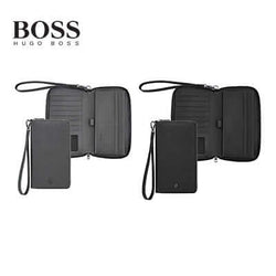 Hugo Boss Travel Wallet Double B Saffiano in black leather, showcasing card slots and compartments.