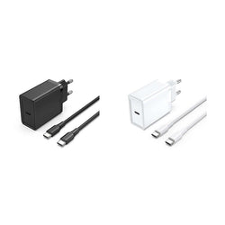 Vention 1-Port USB-C Wall Charger 25W in black and white with USB-C cables, ideal corporate gift.