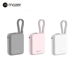 Mazer PowerCharge Nano Duo 10,000mAh PD35W Power Bank with Built-in Dual USB-C Cables (CCC Certified) in grey, pink, and white.