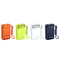 Remax T132 65W Fast Charging Lanyard Powerbank with C Cable in four colors: orange, green, white, and blue.