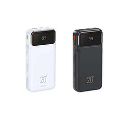 Remax RPP-686 Powerbank with Cables 20000mAh in white and black, featuring LED display and multi-device charging.