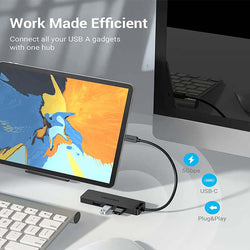 Vention 5-in-1 USB-C Hub with 4 USB Ports connected to a tablet for seamless connectivity and efficient work.