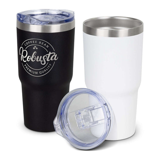 Black and white Himalayan powder-coated tumblers with stainless steel rims and clear sliding lids, including a sample logo on the black tumbler
