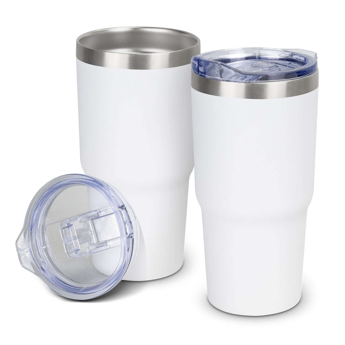 White Himalayan powder-coated tumblers with stainless steel rims, showing a clear sliding lid fitted and removed
