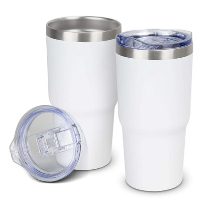 White Himalayan powder-coated tumblers with stainless steel rims, showing a clear sliding lid fitted and removed