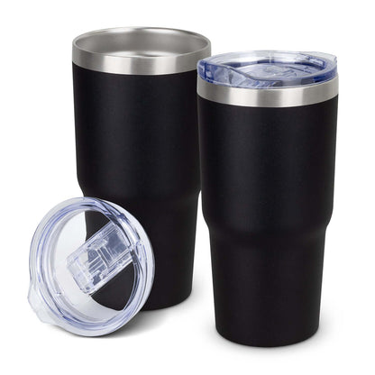 Black Himalayan powder-coated tumblers shown with a clear sliding lid fitted and removed