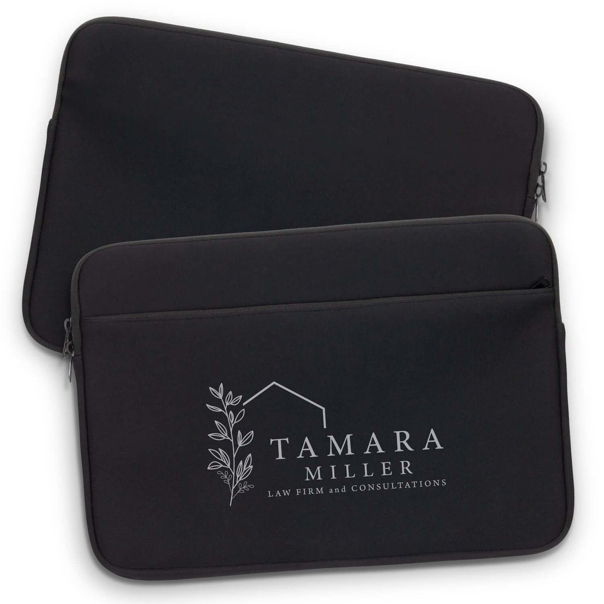 Black Spencer Device Sleeve Large showing front zipped pocket, rear panel and example printed logo