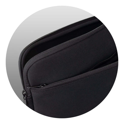 Close-up of the Spencer Device Sleeve Large open main zip, neoprene material and front pocket zip