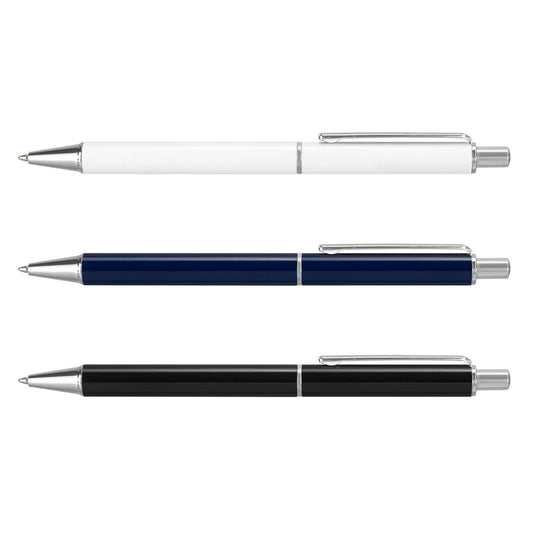 White, navy and black Paladin retractable pens with chrome clips and tips
