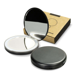 Ella LED Compact Mirror displayed open with LED lights, perfect corporate gift for on-the-go touch-ups.